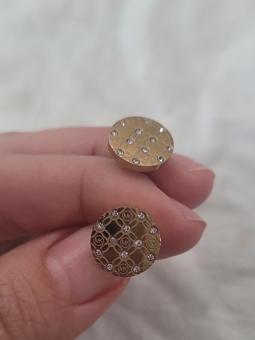 Michael Kors Gold Crystal Logo Button Earrings